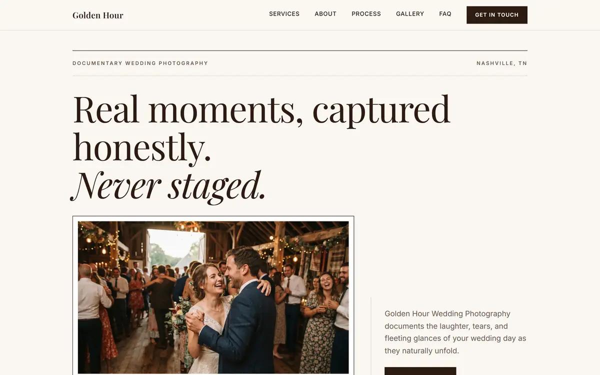 Golden Hour Wedding Photography landing page