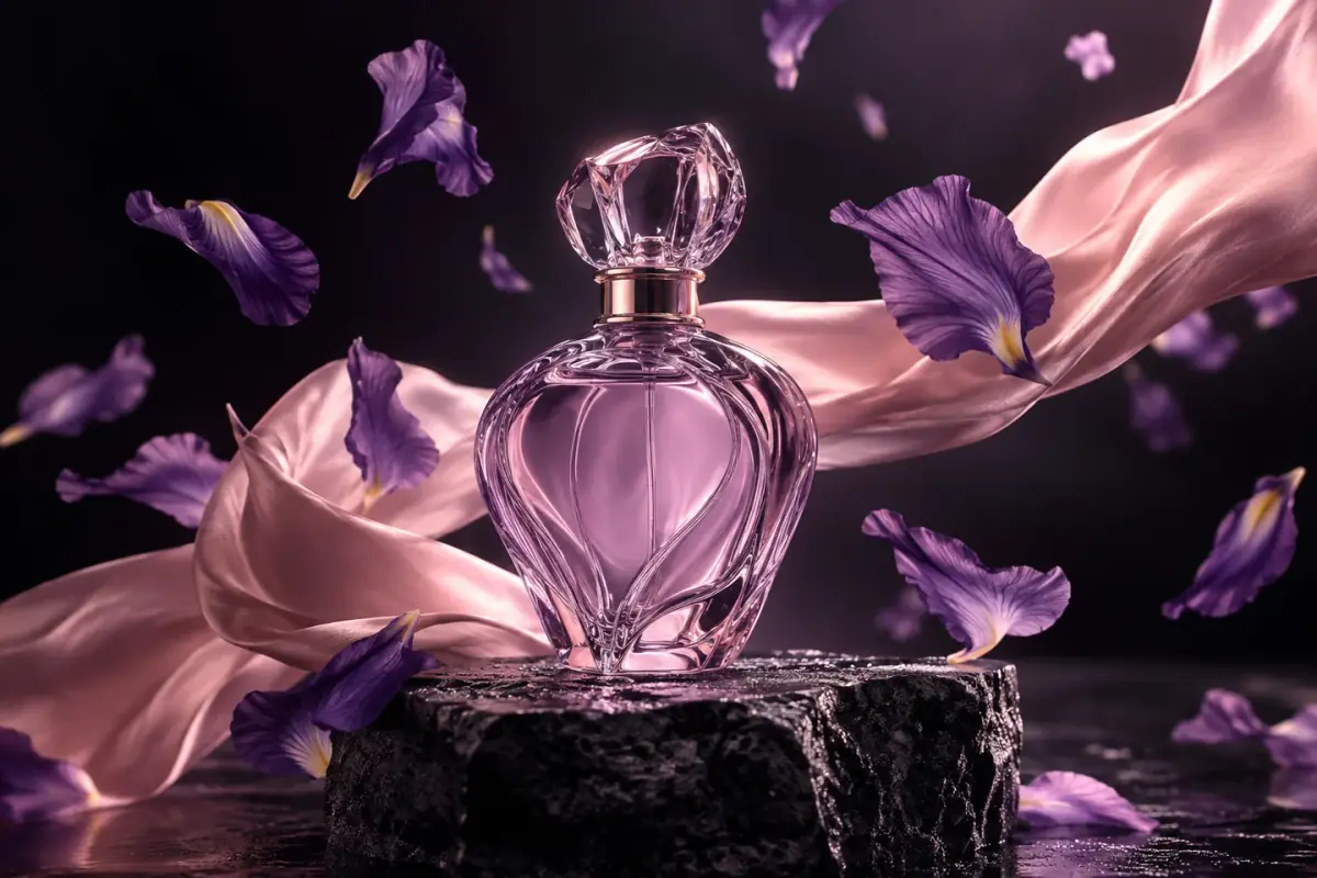 Lavender perfume bottle surrounded by iris petals and pink silk in a cinematic studio