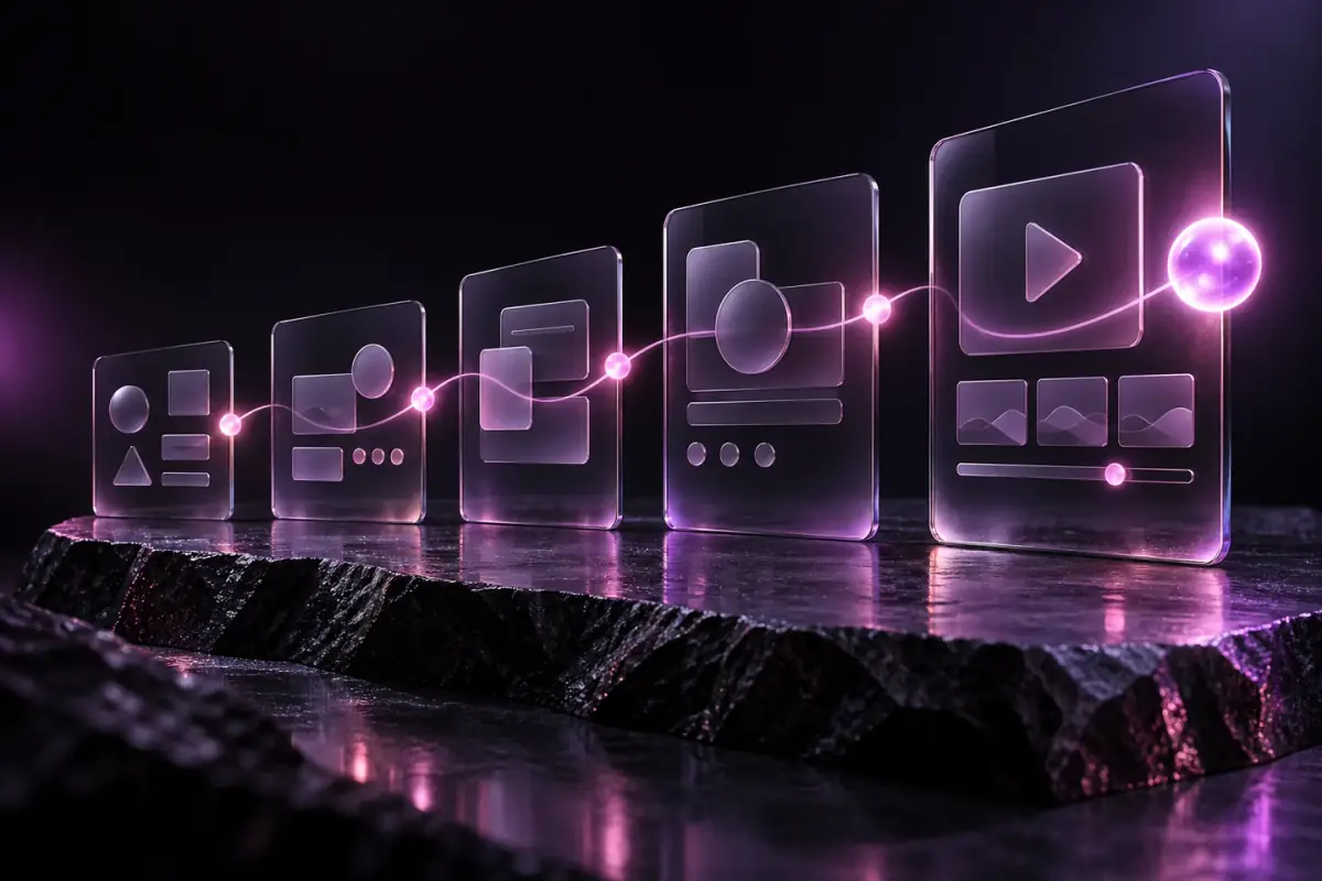 Smoked glass workflow panels connected by violet light in a conceptual software illustration